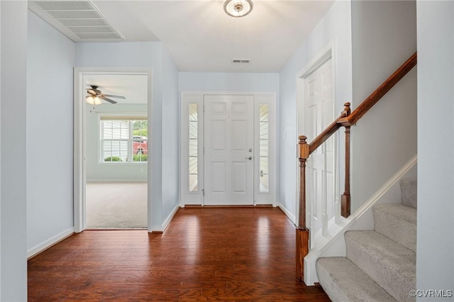 3316 Kennington Park Rd, King William, VA 23009 - foyer entrance with dark wood-type flooring, stairs, and a ceiling fan