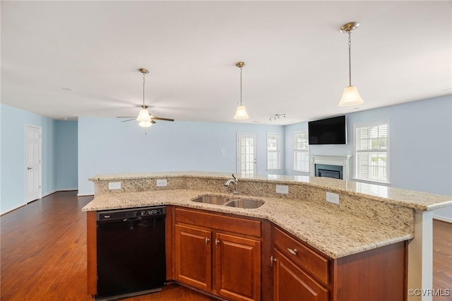 3316 Kennington Park Rd, King William, VA 23009 - kitchen featuring black dishwasher, open floor plan, dark wood-style floors, ceiling fan, and light stone countertops