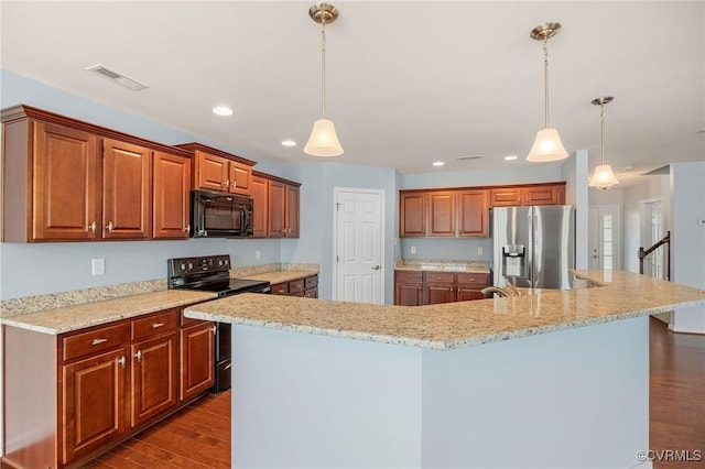 3316 Kennington Park Rd, King William, VA 23009 - kitchen featuring black appliances, dark wood-style flooring, recessed lighting, a spacious island, and hanging light fixtures