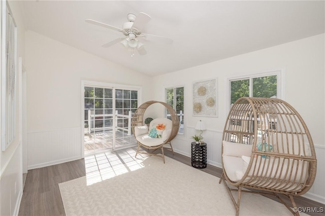 13119 Glenmeadow Ct, Midlothian, VA 23114 - sitting room featuring wood finished floors, healthy amount of natural light, lofted ceiling, a ceiling fan, and wainscoting