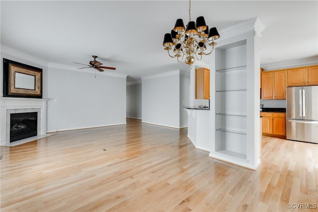 600 Krim Point Loop, Midlothian, VA 23114 - unfurnished living room featuring ornamental molding, a chandelier, built in features, ceiling fan, and light wood finished floors