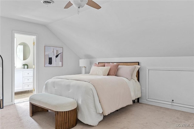 1708 Westwood Ave, Richmond, VA 23227 - bedroom featuring light carpet, vaulted ceiling, ensuite bath, and ceiling fan