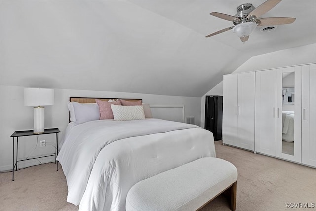 1708 Westwood Ave, Richmond, VA 23227 - bedroom with light carpet, lofted ceiling, and a ceiling fan