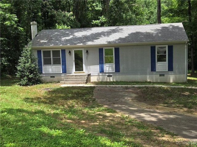 4562 Woodview Dr, Sandston, VA 23150 - ranch-style house with crawl space, a chimney, roof with shingles, entry steps, and a front yard