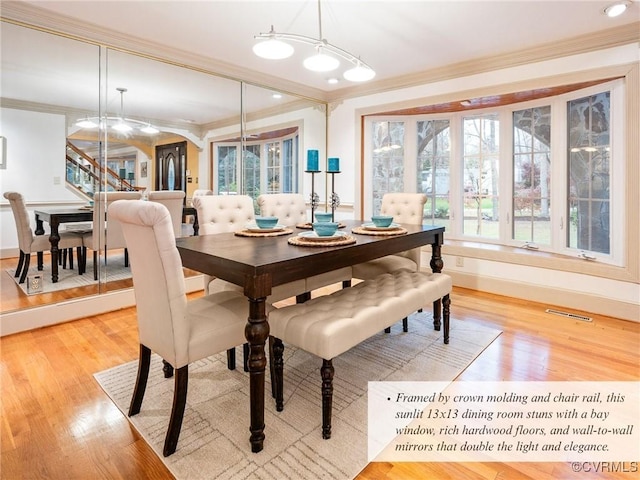 2821 Newquay Ln, North Chesterfield, VA 23236 - dining area with ornamental molding, light wood-type flooring, recessed lighting, and a chandelier