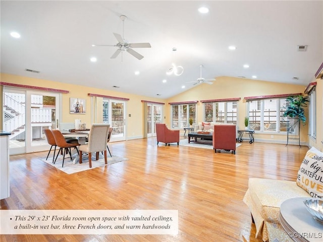 2821 Newquay Ln, North Chesterfield, VA 23236 - dining room featuring a ceiling fan, vaulted ceiling, plenty of natural light, light wood finished floors, and recessed lighting