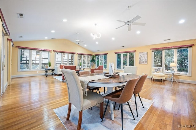 2821 Newquay Ln, North Chesterfield, VA 23236 - dining space featuring a ceiling fan, vaulted ceiling, light wood finished floors, and recessed lighting