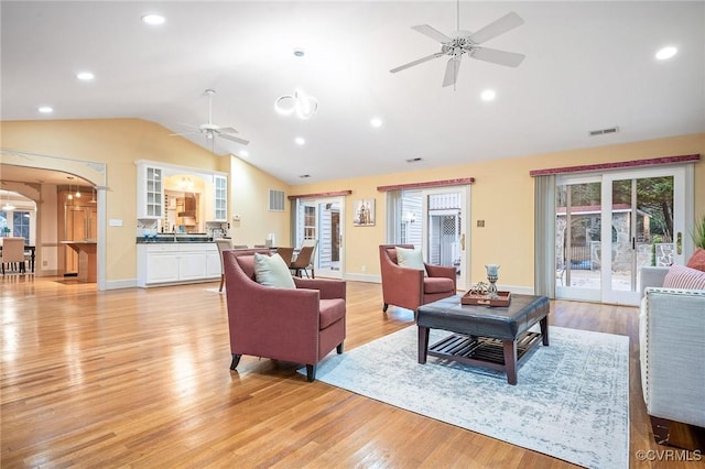 2821 Newquay Ln, North Chesterfield, VA 23236 - living room featuring lofted ceiling, a ceiling fan, light wood-style flooring, arched walkways, and recessed lighting