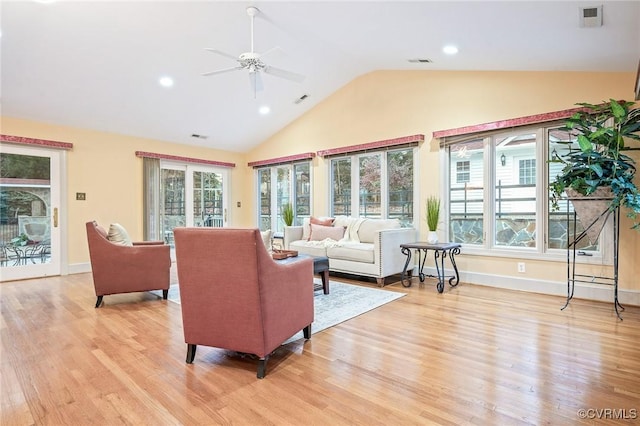 2821 Newquay Ln, North Chesterfield, VA 23236 - living area featuring ceiling fan, light wood-style flooring, high vaulted ceiling, and recessed lighting