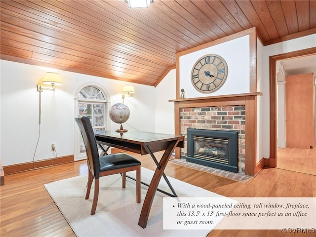 2821 Newquay Ln, North Chesterfield, VA 23236 - office with wooden ceiling, wood finished floors, vaulted ceiling, and a brick fireplace