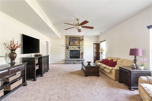 11012 Wingstem Ct, Glen Allen, VA 23060 - living area with a ceiling fan, light carpet, and a stone fireplace
