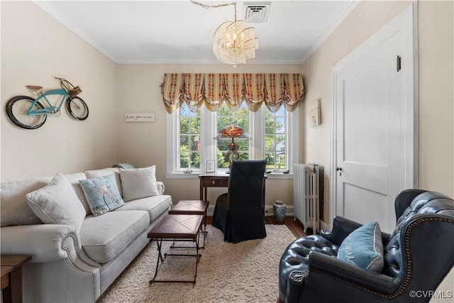 16520 Church St, Amelia Courthouse, VA 23002 - living room with radiator, a chandelier, crown molding, and wood finished floors