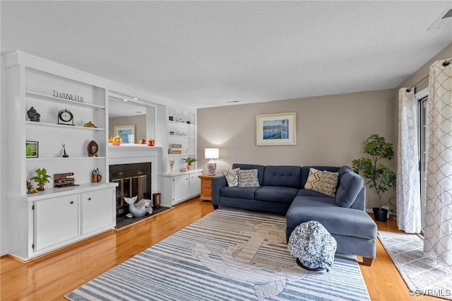 4855 Cypress Point Cir Unit 104, Virginia Beach, VA 23455 - living area with a textured ceiling, light wood-style floors, a fireplace with flush hearth, and built in features