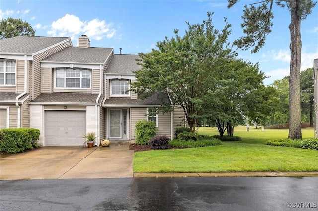 4855 Cypress Point Cir Unit 104, Virginia Beach, VA 23455 - multi unit property featuring concrete driveway, a front lawn, a chimney, roof with shingles, and a garage