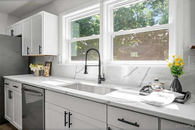 419 Marblethorpe Rd, North Chesterfield, VA 23236 - kitchen featuring stainless steel dishwasher, white cabinetry, light stone counters, and backsplash