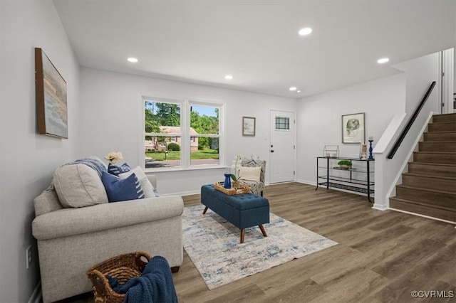419 Marblethorpe Rd, North Chesterfield, VA 23236 - living room featuring wood finished floors, stairway, and recessed lighting