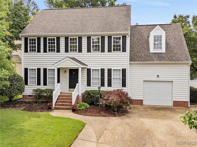 12213 Collinstone Pl, Glen Allen, VA 23059 - colonial inspired home featuring driveway, a garage, crawl space, roof with shingles, and a front lawn