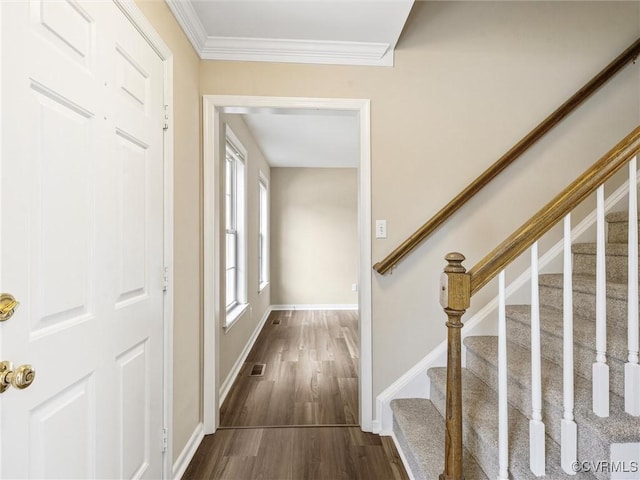 12213 Collinstone Pl, Glen Allen, VA 23059 - foyer entrance featuring dark wood-style floors, stairs, and ornamental molding