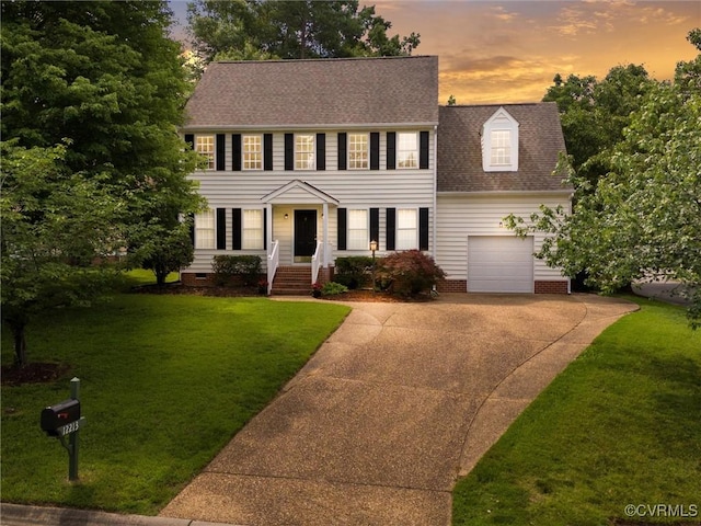 12213 Collinstone Pl, Glen Allen, VA 23059 - colonial home featuring concrete driveway, a garage, a lawn, and a shingled roof