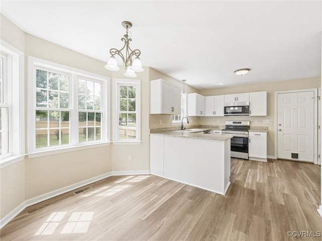 12213 Collinstone Pl, Glen Allen, VA 23059 - kitchen with electric range, light wood-style floors, white cabinetry, and a chandelier