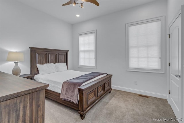 3315 Windmill Point Rd, White Stone, VA 22578 - bedroom with light colored carpet, recessed lighting, and ceiling fan