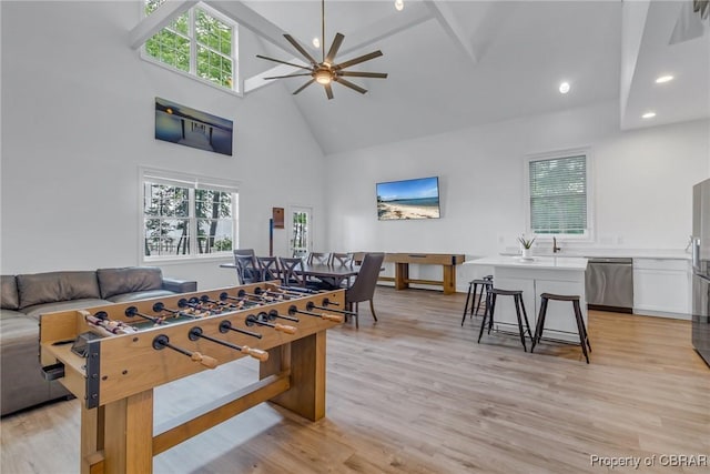 3315 Windmill Point Rd, White Stone, VA 22578 - rec room with high vaulted ceiling, ceiling fan, recessed lighting, and light wood finished floors