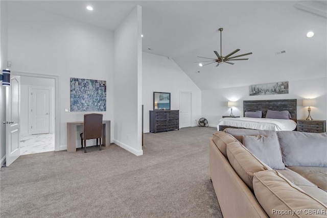 3315 Windmill Point Rd, White Stone, VA 22578 - bedroom featuring high vaulted ceiling, carpet, recessed lighting, and ceiling fan