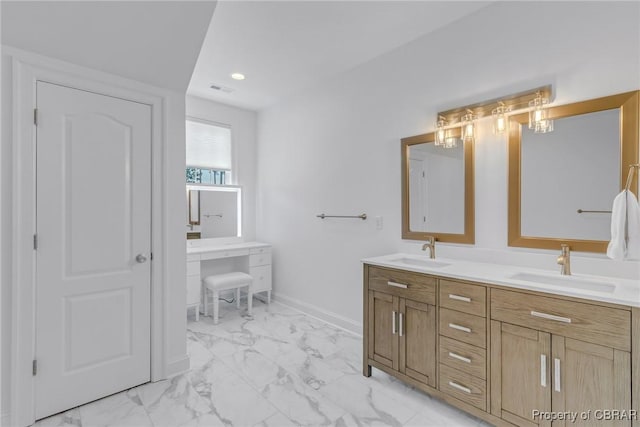 3315 Windmill Point Rd, White Stone, VA 22578 - full bath featuring marble look tiles, double vanity, and recessed lighting