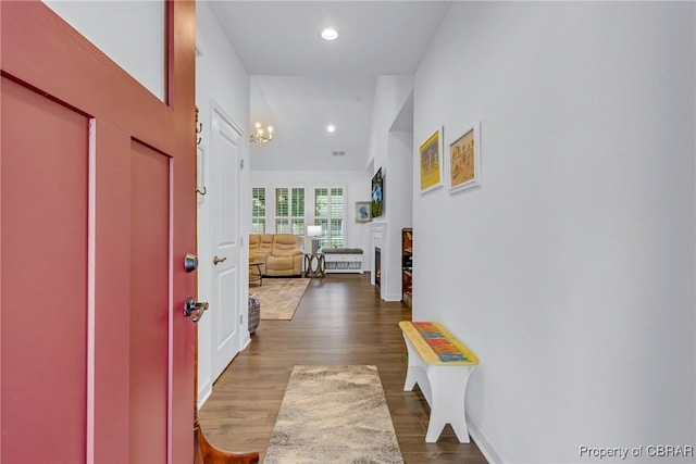 12 Essie Ct, Irvington, VA 22480 - entryway with wood finished floors, recessed lighting, and a fireplace