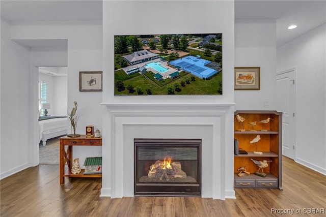 12 Essie Ct, Irvington, VA 22480 - detailed view of wood finished floors, a glass covered fireplace, and recessed lighting