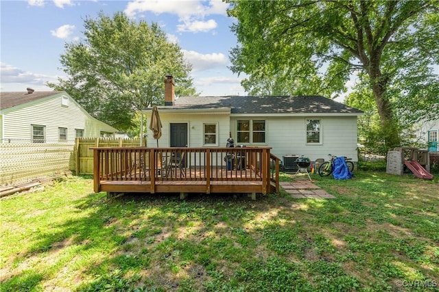 104 N Beech Ave, Henrico, VA 23075 - rear view of house featuring a wooden deck, a fenced backyard, and a chimney