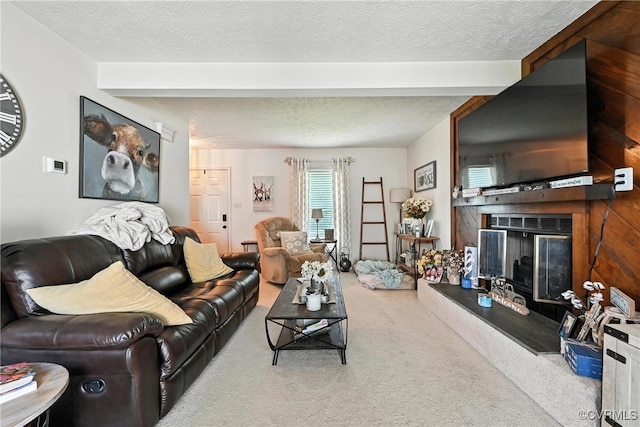 4901 Green Run Dr, Henrico, VA 23228 - living room with a glass covered fireplace, carpet, beam ceiling, and a textured ceiling