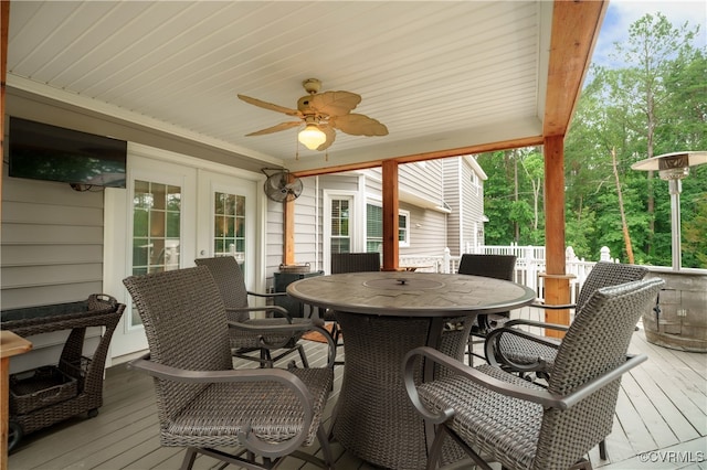 1442 Dorset Rd, Powhatan, VA 23139 - wooden terrace with outdoor dining space, ceiling fan, and french doors