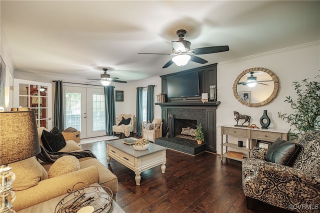 1442 Dorset Rd, Powhatan, VA 23139 - living area featuring ornamental molding, dark wood-style flooring, a ceiling fan, a brick fireplace, and french doors