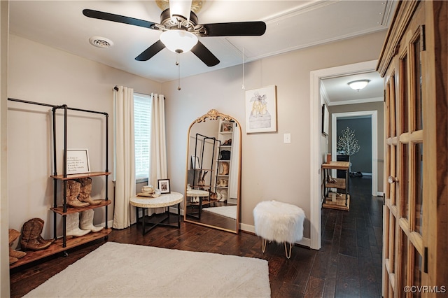 1442 Dorset Rd, Powhatan, VA 23139 - bedroom featuring attic access, dark wood-style flooring, crown molding, and ceiling fan