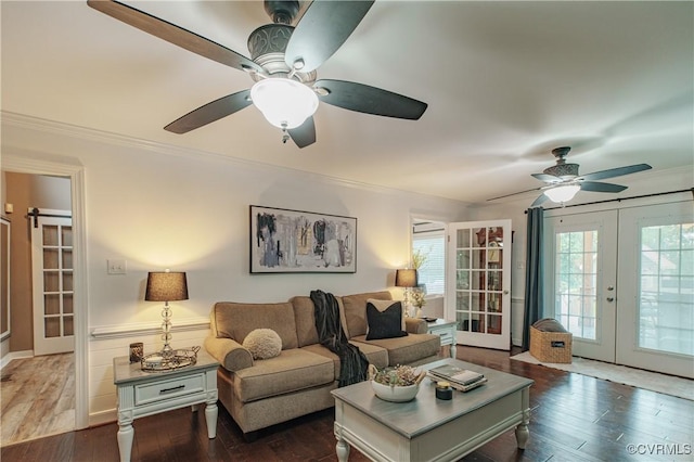 1442 Dorset Rd, Powhatan, VA 23139 - living area with french doors, a ceiling fan, dark wood finished floors, and crown molding