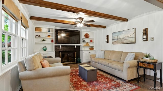 2711 Salisbury Rd, Midlothian, VA 23113 - living room with beam ceiling, a ceiling fan, crown molding, a brick fireplace, and wood finished floors
