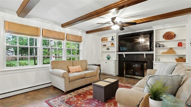 2711 Salisbury Rd, Midlothian, VA 23113 - living room featuring a baseboard radiator, beam ceiling, a brick fireplace, ceiling fan, and built in features