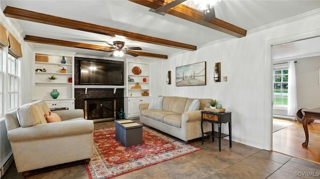 2711 Salisbury Rd, Midlothian, VA 23113 - living area featuring a ceiling fan, beam ceiling, a fireplace, ornamental molding, and baseboard heating