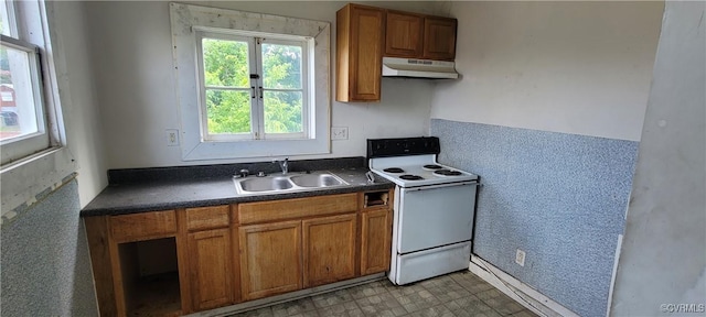 22 Corling St, Petersburg, VA 23803 - kitchen with electric stove, under cabinet range hood, brown cabinets, and dark countertops