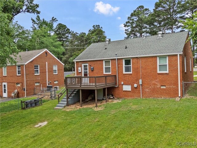 1627 Skipwith Rd, Henrico, VA 23229 - rear view of house with a deck, roof with shingles, brick siding, stairs, and crawl space