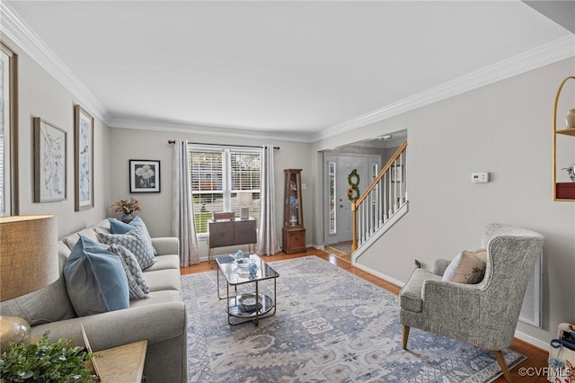 11830 Explorer Ct, Midlothian, VA 23114 - living room featuring crown molding, wood finished floors, and stairway
