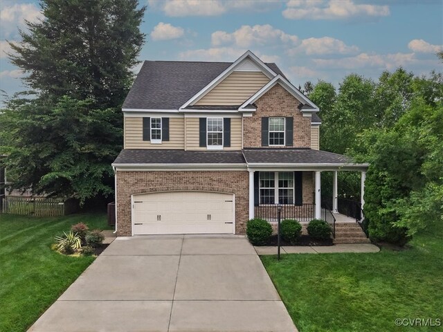 8738 New Holland Ln, Mechanicsville, VA 23116 - view of front of home featuring brick siding, a porch, a garage, concrete driveway, and roof with shingles