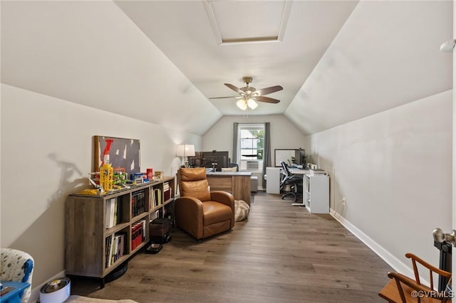 7318 Lancewood Ct, Chesterfield, VA 23832 - office area featuring wood finished floors, lofted ceiling, attic access, and ceiling fan