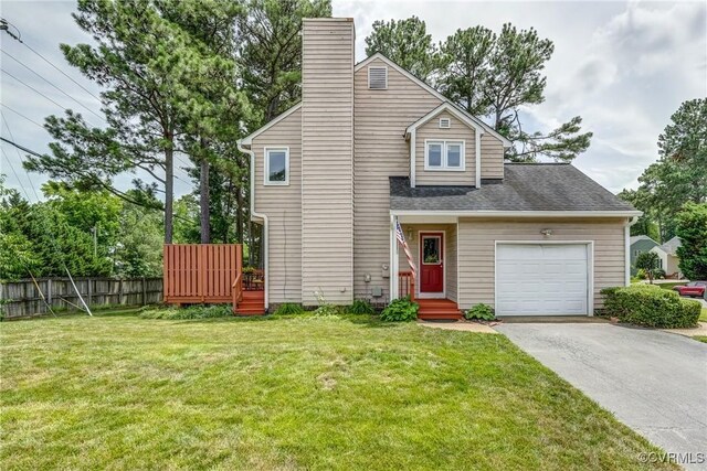2711 Robson Ct, Henrico, VA 23233 - view of front of home featuring asphalt driveway, a chimney, an attached garage, a wooden deck, and a shingled roof