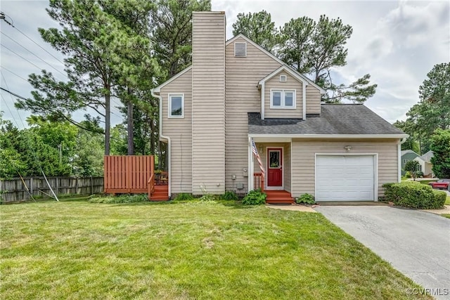 2711 Robson Ct, Henrico, VA 23233 - view of front of property with driveway, a garage, a chimney, a wooden deck, and roof with shingles
