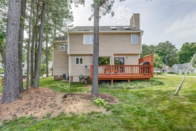 2711 Robson Ct, Henrico, VA 23233 - rear view of house featuring a wooden deck, a yard, and a chimney