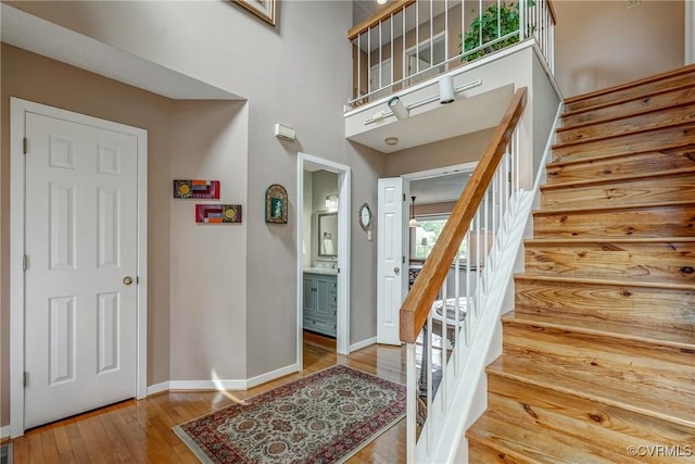 2711 Robson Ct, Henrico, VA 23233 - entryway with stairs, wood-type flooring, and a towering ceiling