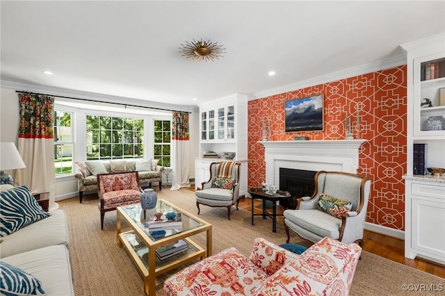 8950 Bellefonte Rd, Henrico, VA 23229 - living area with ornamental molding, a fireplace, light wood-type flooring, and recessed lighting