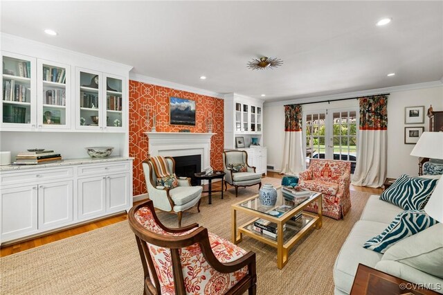 8950 Bellefonte Rd, Henrico, VA 23229 - living room with ornamental molding, light wood-type flooring, a fireplace, recessed lighting, and french doors